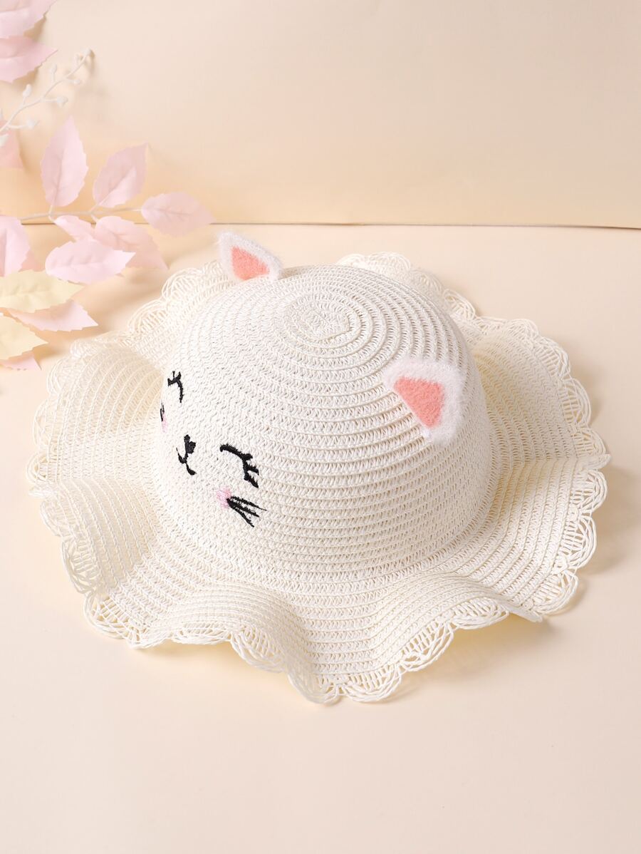 Toddler Girls Cartoon Cat Embroidered Straw Hat - White - View 1
