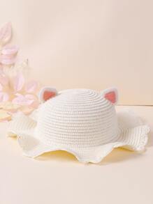 Toddler Girls Cartoon Cat Embroidered Straw Hat - White - View 3
