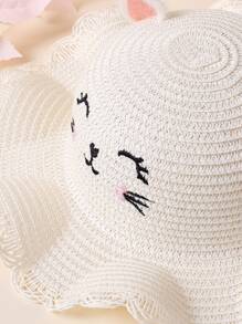 Toddler Girls Cartoon Cat Embroidered Straw Hat - White - View 4