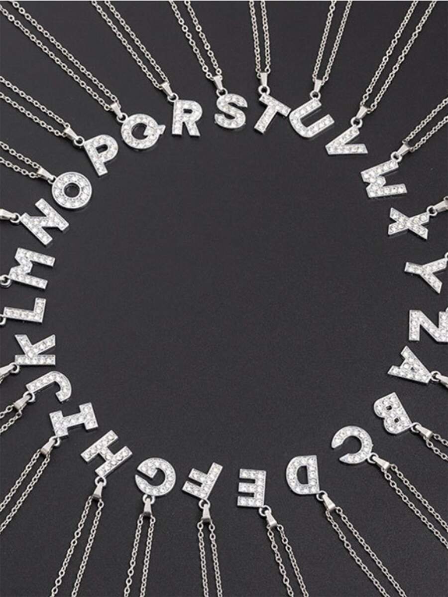 Rhinestone Letter Pendant Necklace - Silver - View 1