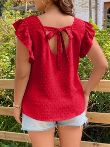 SHEIN Holidaya 加瑞士圆点荷叶边饰衬衫，适合新年服装 - 紅色 - 查看 2
