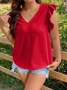 SHEIN Holidaya 加瑞士圆点荷叶边饰衬衫，适合新年服装 - 紅色 - 查看 3
