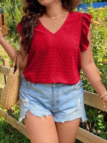 SHEIN Holidaya 加瑞士圆点荷叶边饰衬衫，适合新年服装 - 紅色 - 查看 4