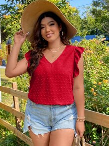 SHEIN Holidaya 加瑞士圆点荷叶边饰衬衫，适合新年服装 - 紅色 - 查看 5