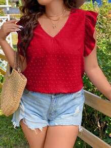 SHEIN Holidaya 加瑞士圆点荷叶边饰衬衫，适合新年服装 - 紅色 - 查看 6