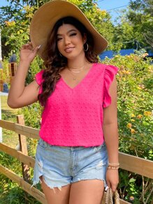 SHEIN LUNE Plus Swiss Dot Ruffle Trim Blouse - Hot Pink - View 6