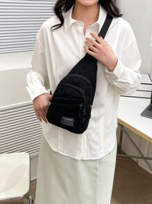 Mini Letter Patch Decor Corduroy Sling Bag - Black - View 1
