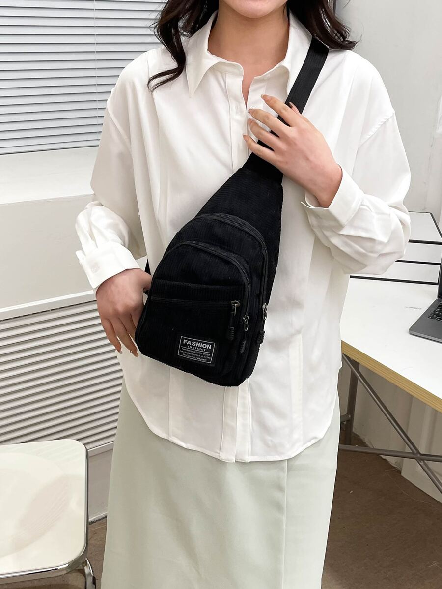 Mini Letter Patch Decor Corduroy Sling Bag - Black - View 1