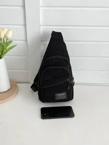 Mini Letter Patch Decor Corduroy Sling Bag - Black - View 3