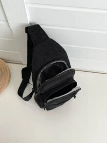 Mini Letter Patch Decor Corduroy Sling Bag - Black - View 4