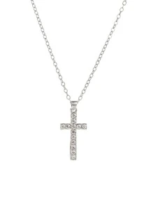 Rhinestone Cross Charm Necklace - Silver - View 4