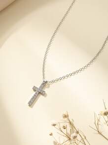 Rhinestone Cross Charm Necklace - Silver - View 6