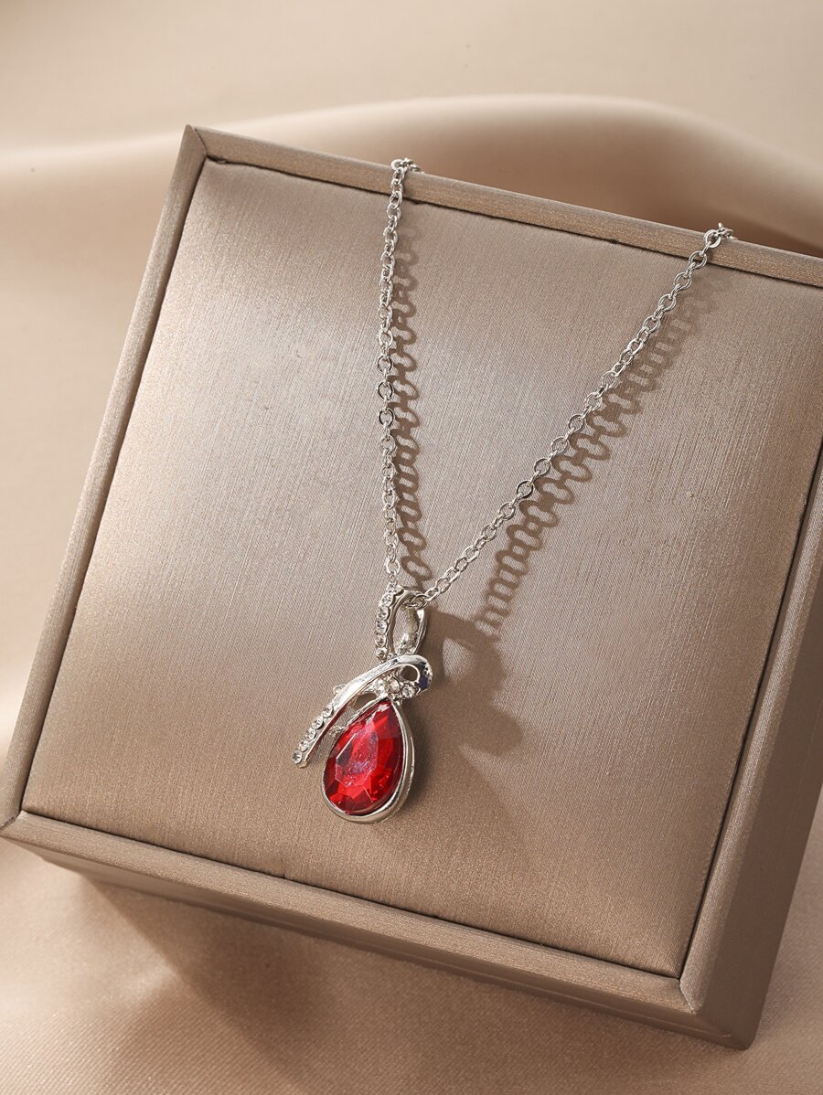 Rhinestone Decor Water-drop Pendant Necklace - Red - View 1