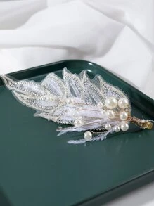 釘珠和人造珍珠裝飾髮夾 - 白色 - 查看 2