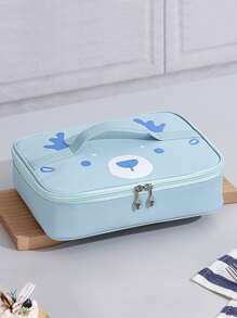 1pc Cartoon Bear Pattern Lunch Bag, Cute Polyester Insulated Lunch Bag For Office, School - Blue - View 1