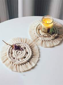 1入組米色杯墊北歐織物編織流蘇裝飾圓形餐桌杯墊 - 杏色 - 查看 4