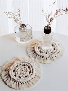 1入組米色杯墊北歐織物編織流蘇裝飾圓形餐桌杯墊 - 杏色 - 查看 5
