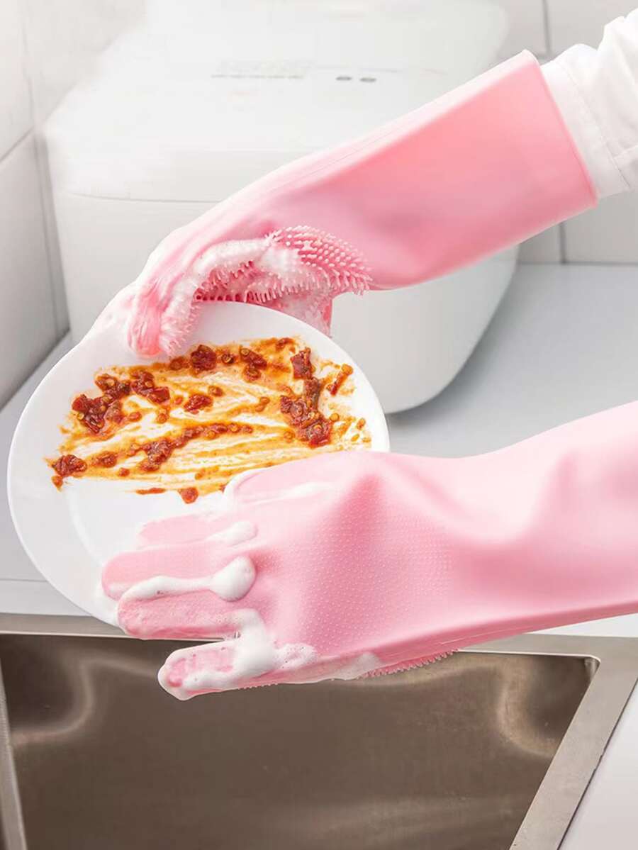 2入組/套矽膠家用手套粉色家用洗碗手套