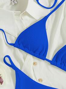 SHEIN Swim 羅紋比基尼套裝後綁帶吊脖三角形文胸和丁字褲2入組泳衣