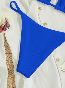 SHEIN Swim 羅紋比基尼套裝後綁帶吊脖三角形文胸和丁字褲2入組泳衣