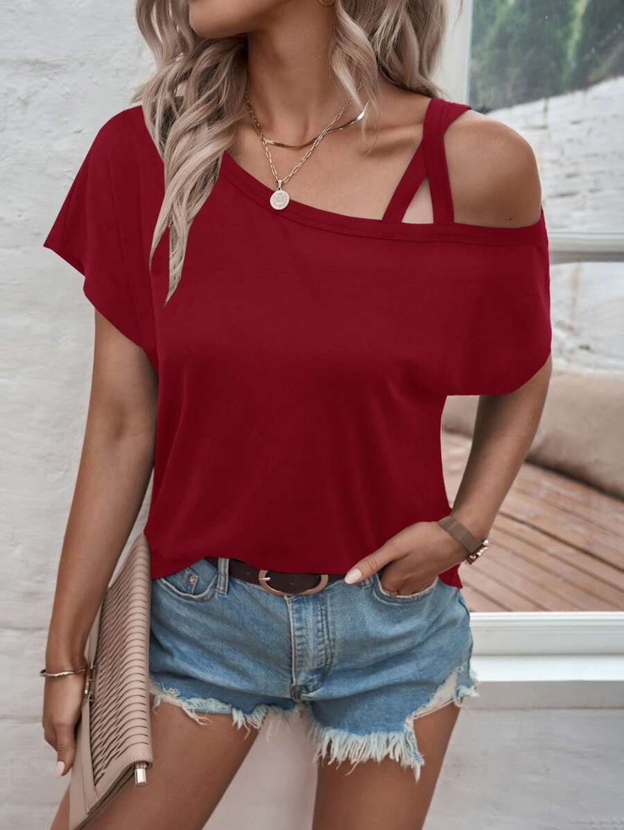 SHEIN LUNE Camiseta de cuello asimétrico de manga murciélago - Rojo - Ver 1