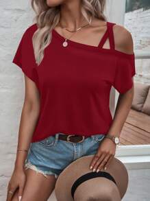 SHEIN LUNE Camiseta de cuello asimétrico de manga murciélago - Rojo - Ver 3