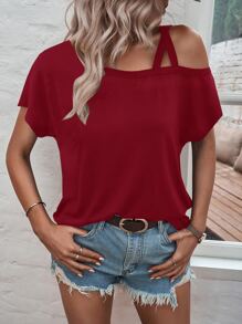 SHEIN LUNE Camiseta de cuello asimétrico de manga murciélago - Rojo - Ver 4
