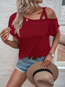 SHEIN LUNE Camiseta de cuello asimétrico de manga murciélago - Rojo - Ver 5