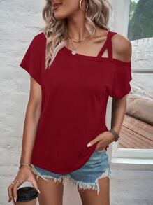 SHEIN LUNE Camiseta de cuello asimétrico de manga murciélago - Rojo - Ver 6
