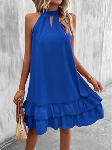 SHEIN LUNE Keyhole Neckline Layered Hem Halter Neck Dress - Blue - View 1