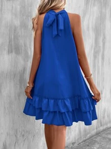 SHEIN LUNE Keyhole Neckline Layered Hem Halter Neck Dress - Blue - View 2