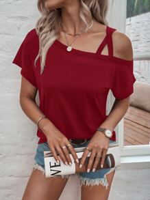 SHEIN LUNE Camiseta de cuello asimétrico de manga murciélago - Rojo - Ver 7