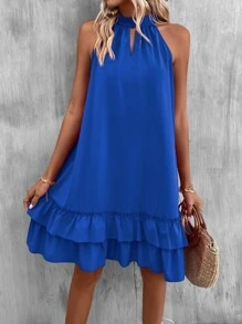SHEIN LUNE Keyhole Neckline Layered Hem Halter Neck Dress - Blue - View 4
