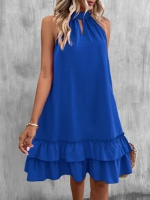 SHEIN LUNE Keyhole Neckline Layered Hem Halter Neck Dress - Blue - View 6