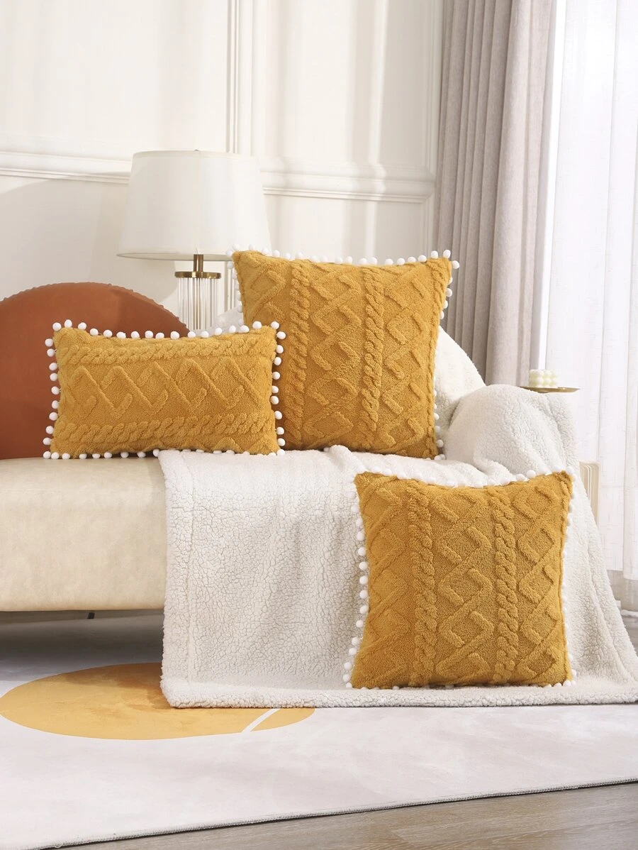 1入組簇簇球裝飾提花棉布枕套 - 黃色 - 查看 1