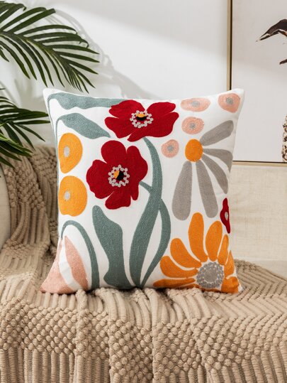 1pc Floral Embroidered Bohemian Style Square Throw Pillow Cover, Suitable For Living Room, Bedroom, All Seasons