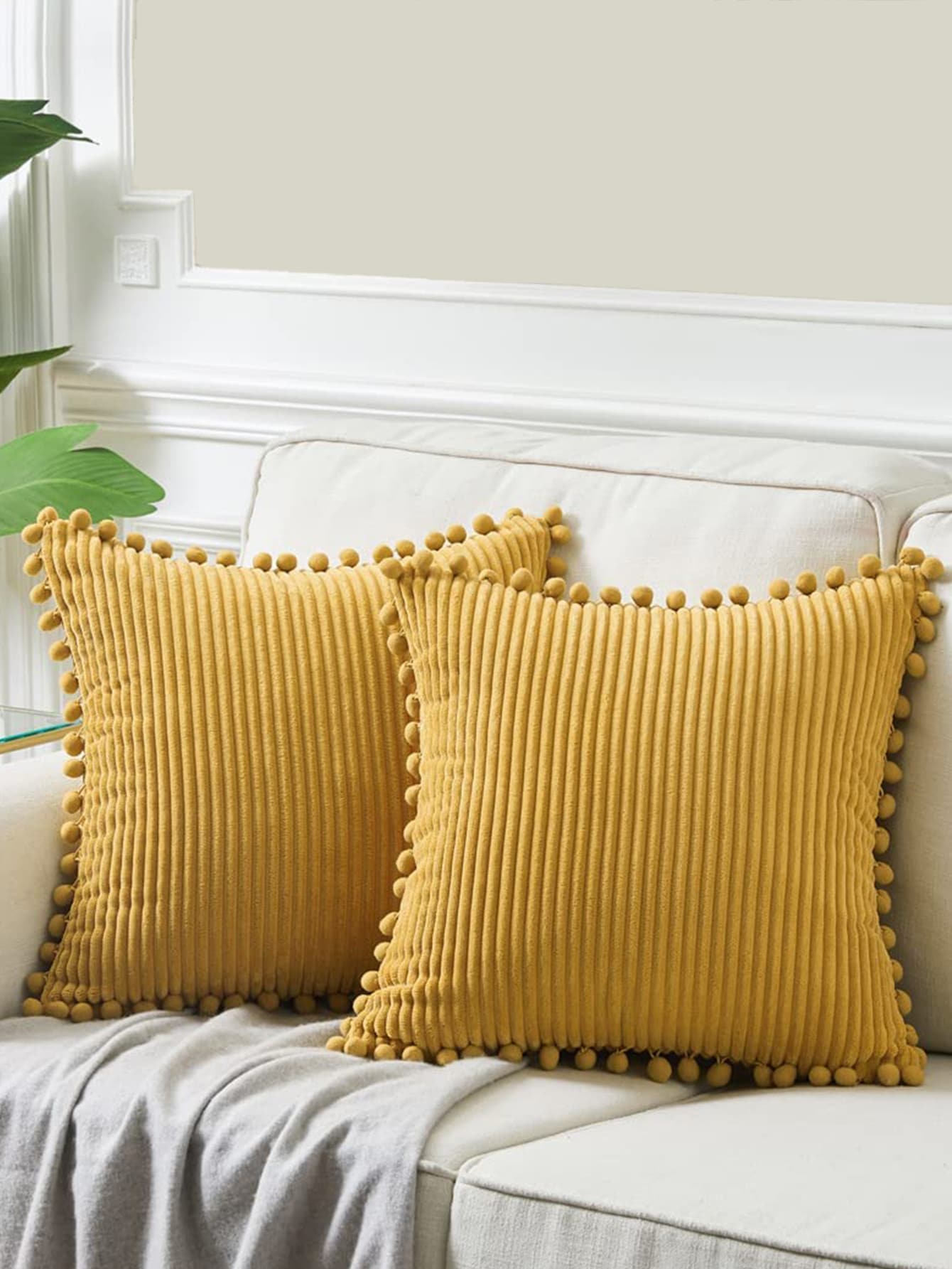 1 pieza unicolor decorativo Cojín minimalista de tela ribete con pompón Funda de cojín para casa - Amarillo - Ver 1