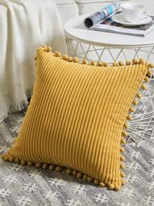 1 pieza unicolor decorativo Cojín minimalista de tela ribete con pompón Funda de cojín para casa - Amarillo - Ver 4