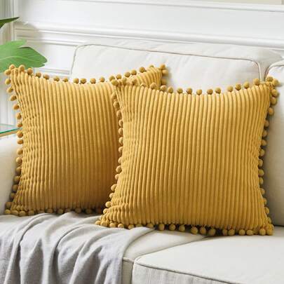 1入組素色裝飾抱枕套極簡主義布藝絨球裝飾靠墊套適用於客廳家居裝飾