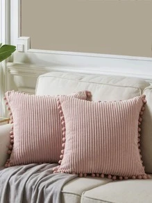 1pc Fabric Cushion Cover, Minimalist Pink Pompom Decor Decorative Throw Pillow Case Without Filler For Sofa - Pink - View 1