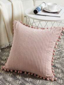 1pc Fabric Cushion Cover, Minimalist Pink Pompom Decor Decorative Throw Pillow Case Without Filler For Sofa - Pink - View 5