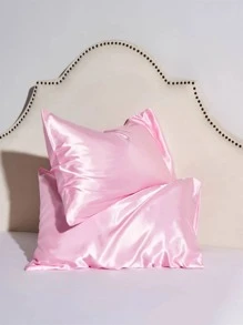 1pc Plain Satin Pillowcase Without Filler, Minimalist Polyester Pillow Cover For Bed - Baby Pink - View 4