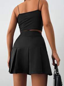 High Waist Pleated Hem Solid Skirt - Black - View 2