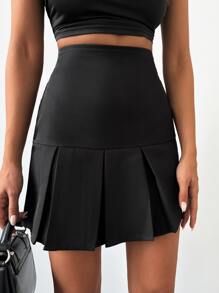 High Waist Pleated Hem Solid Skirt - Black - View 3