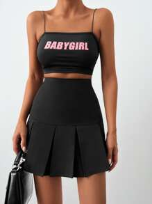 High Waist Pleated Hem Solid Skirt - Black - View 4