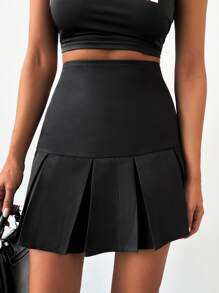 High Waist Pleated Hem Solid Skirt - Black - View 5
