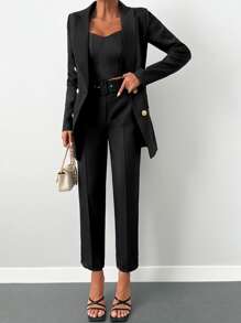EURMUSE Double Breasted Blazer With Tailored Trousers - Black - View 1