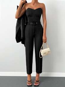 EURMUSE Double Breasted Blazer With Tailored Trousers - Black - View 4