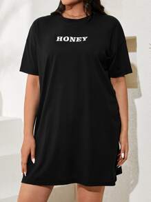 EURMUSE Plus Letter Graphic Drop Shoulder Tee Dress - Black - View 1