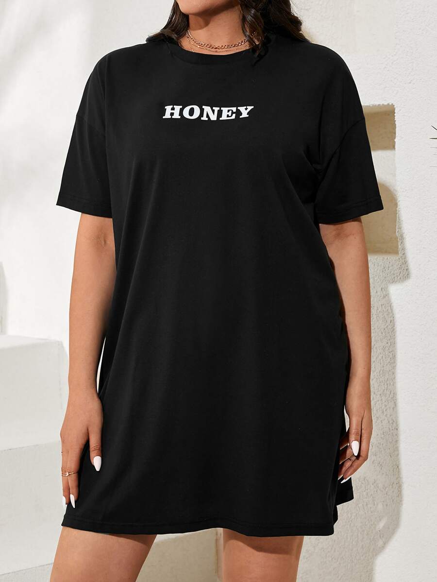 EURMUSE Plus Letter Graphic Drop Shoulder Tee Dress - Black - View 1